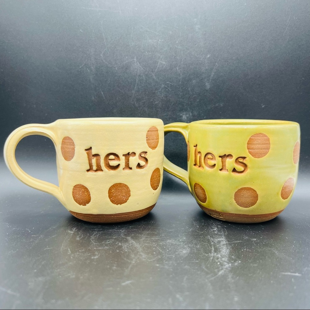 Lulu Ceramics Handmade Green and Yellow Polka Dot Couples Mugs Hers and Hers